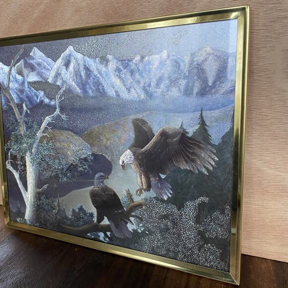 Bald Eagles & Trees #6122 Lenticular Holographic Dufex Foil 8x10 Framed Art VTG - Picture 3 of 6